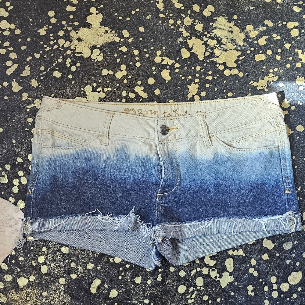 Y2K Ombre Denim Low Rise Short Shorts distressed Born To Rule Size 9
